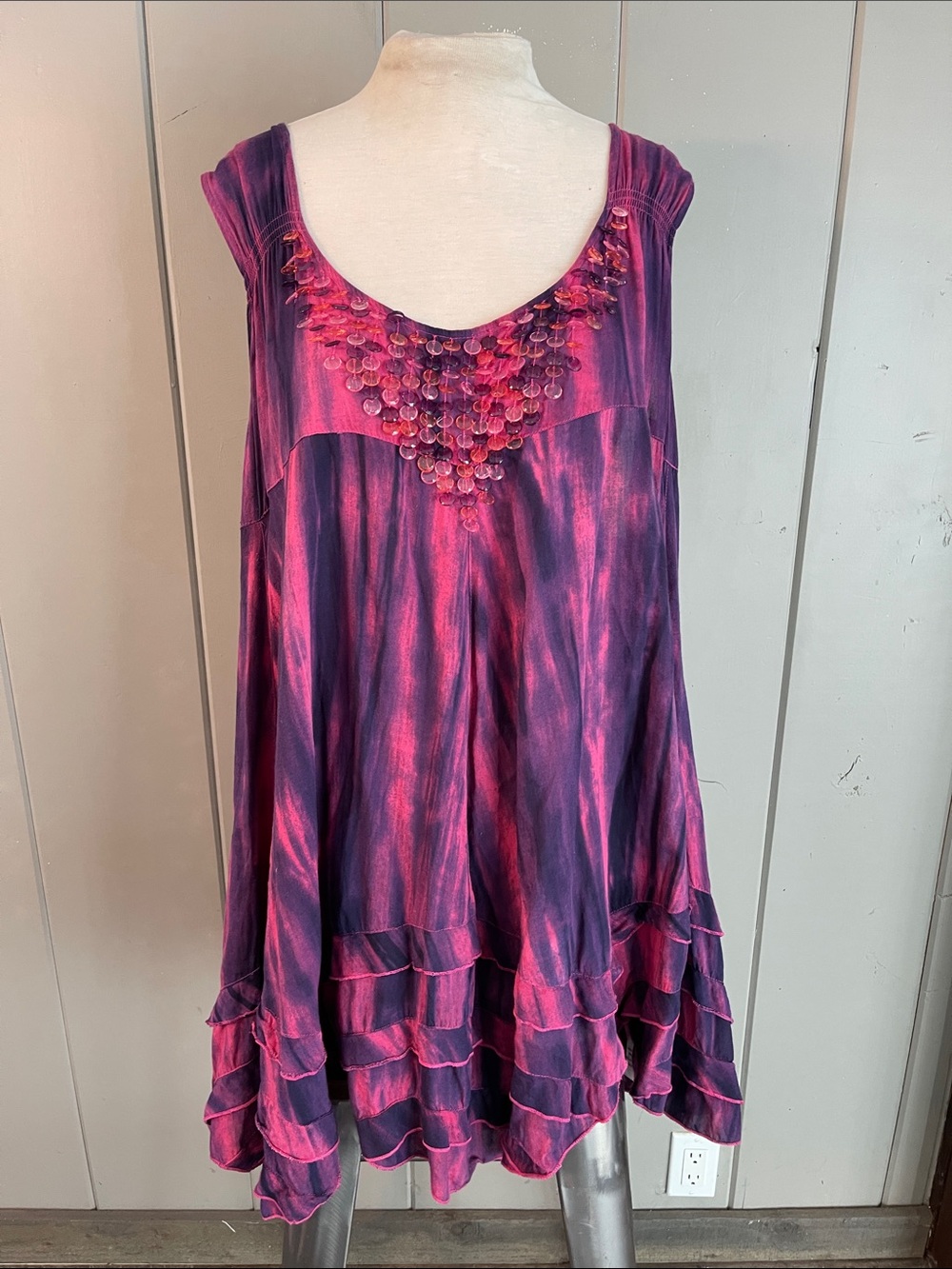 Roaman’s Dress Pink Purple Beaded Rayon Women’s 32 Tie Dye Striped Artsy Boho